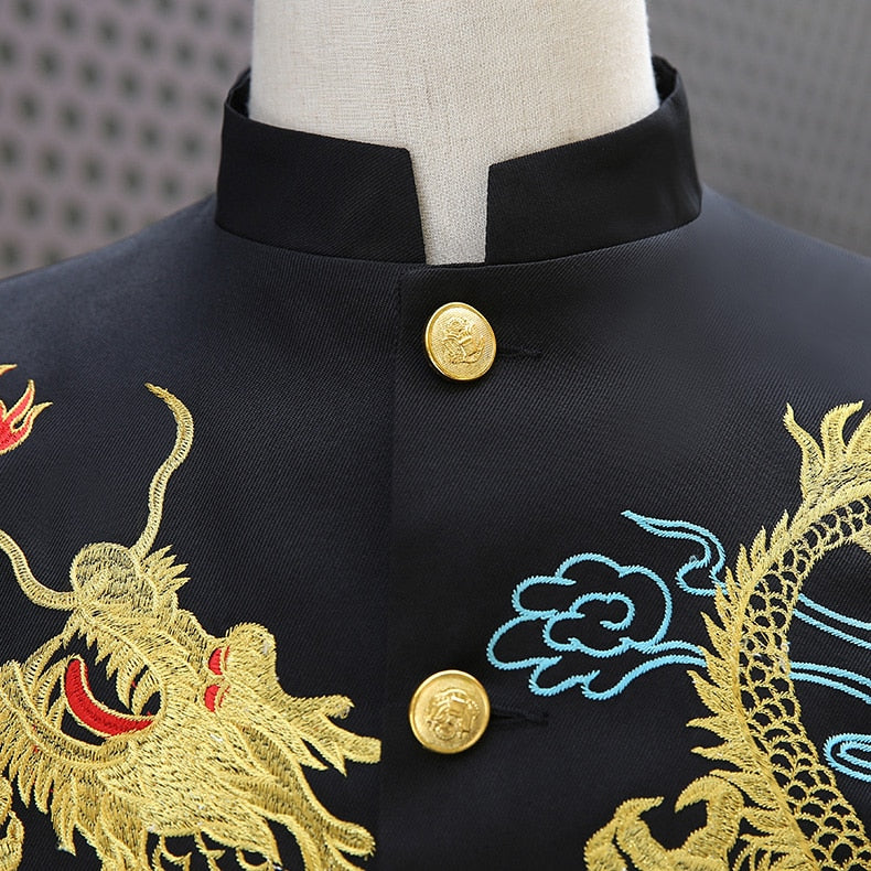 Men Chinese Style with Dragon Embroidery Set Men Blazer and Pants