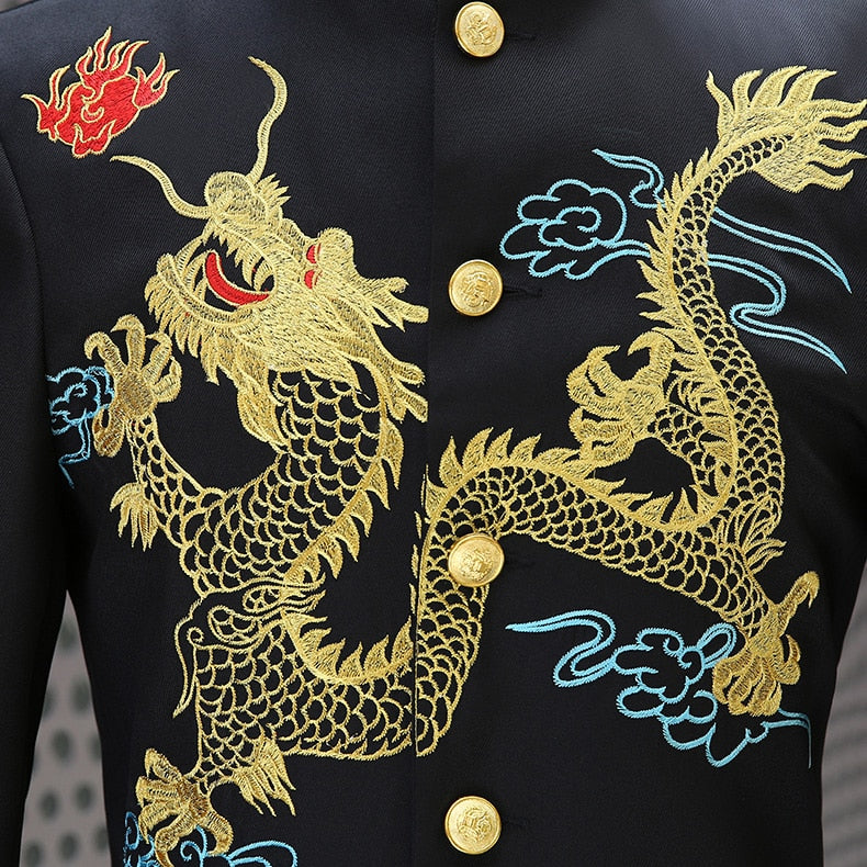Men Chinese Style with Dragon Embroidery Set Men Blazer and Pants