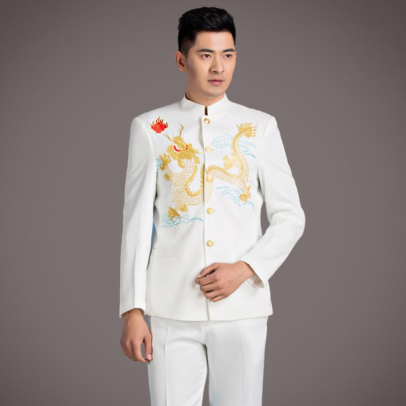 Men Chinese Style with Dragon Embroidery Set Men Blazer and Pants
