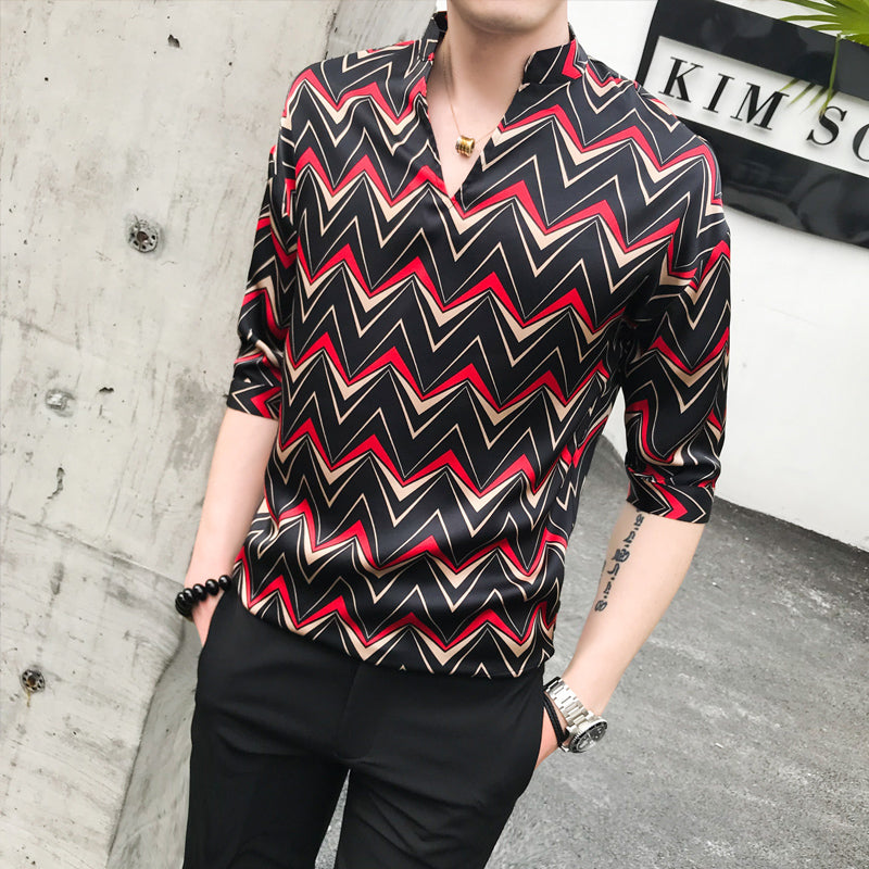 Tide Stripes Middle Sleeves V Neck Style Men Shirts