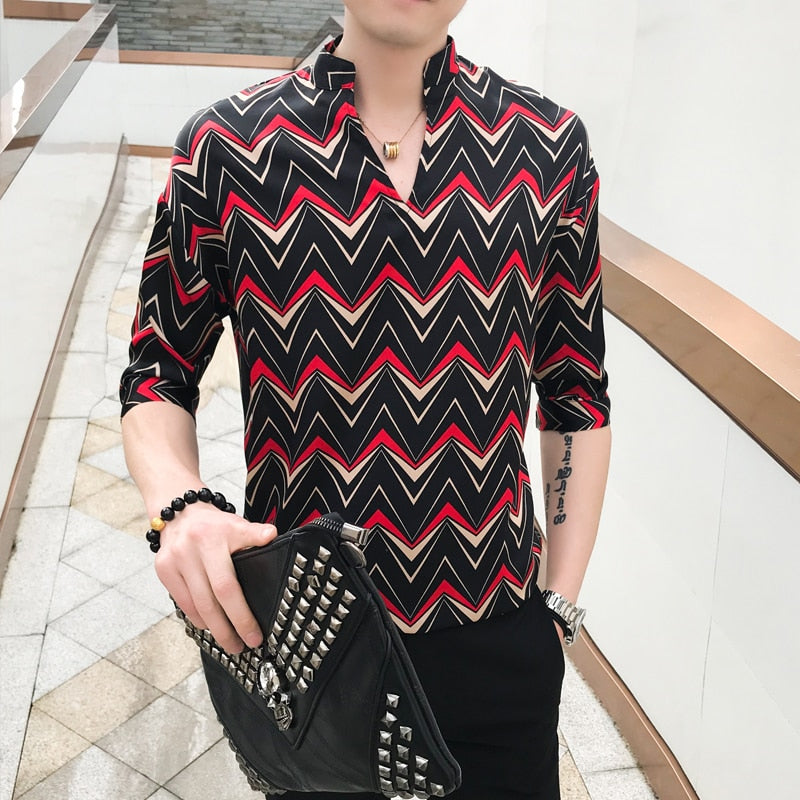 Tide Stripes Middle Sleeves V Neck Style Men Shirts