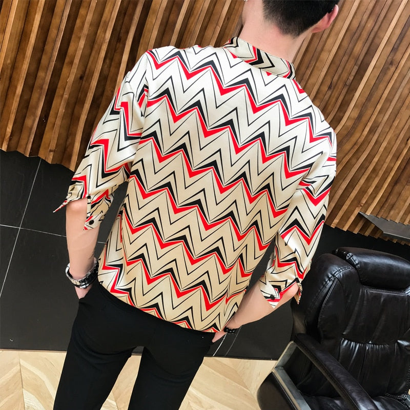 Tide Stripes Middle Sleeves V Neck Style Men Shirts