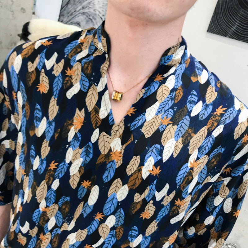 Autumn Leaves Half Sleeves Loose Style Men Shirts