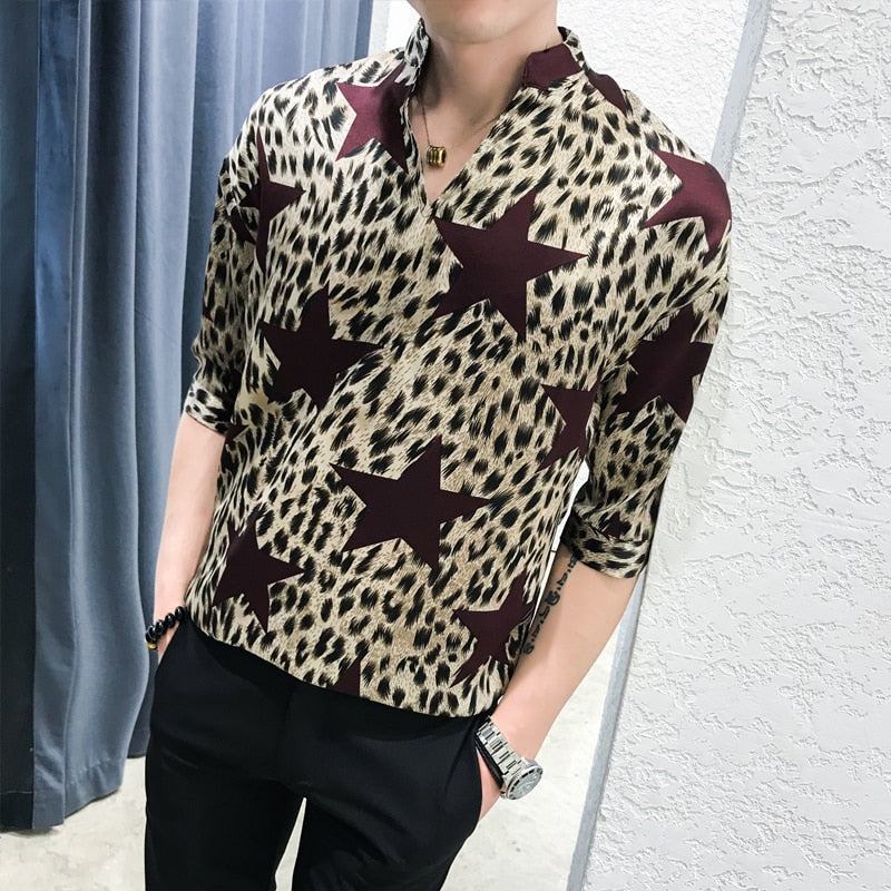 Stars Print Medium Sleeved Loose Fitting Pullover Style Men Shirts