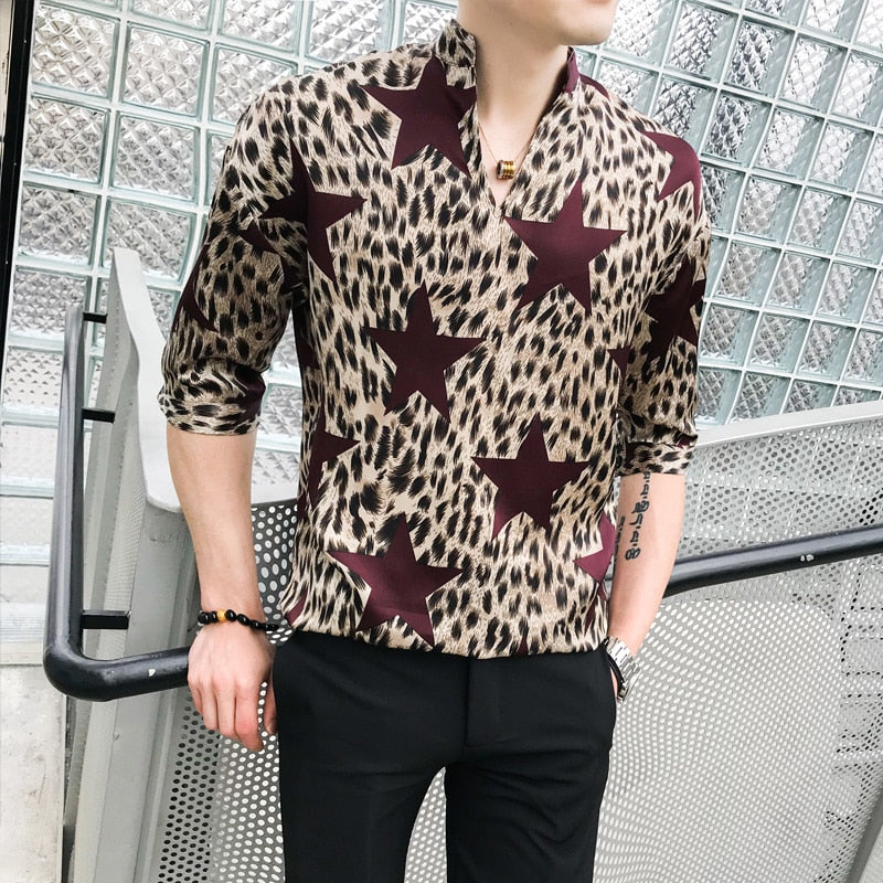 Stars Print Medium Sleeved Loose Fitting Pullover Style Men Shirts