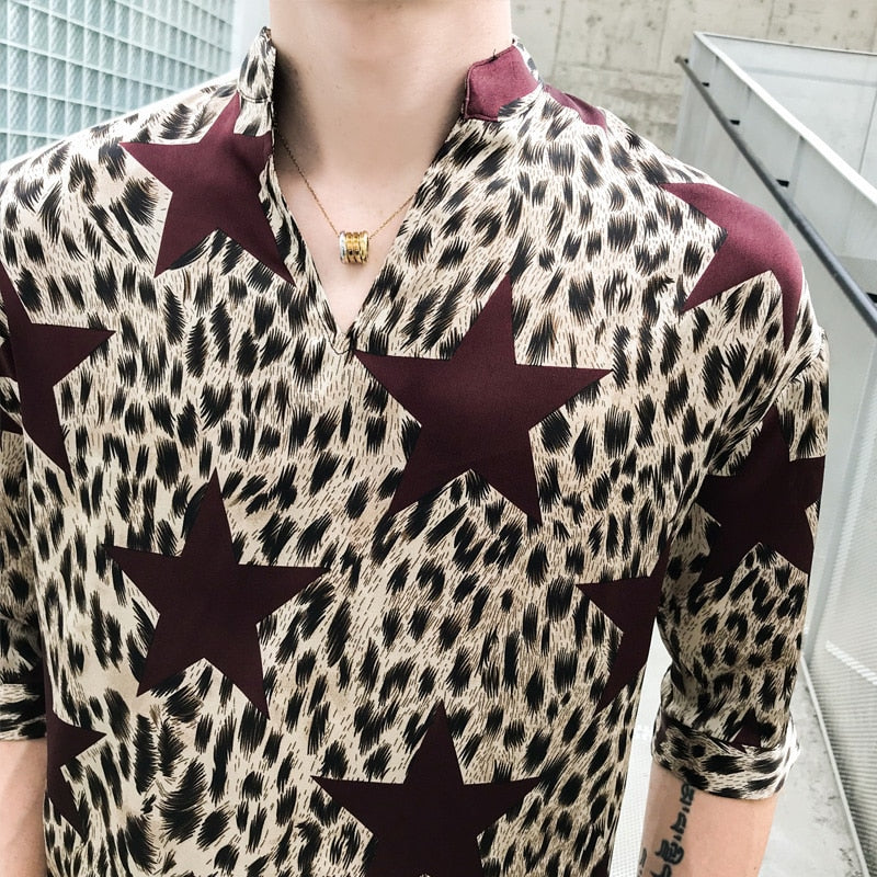 Stars Print Medium Sleeved Loose Fitting Pullover Style Men Shirts