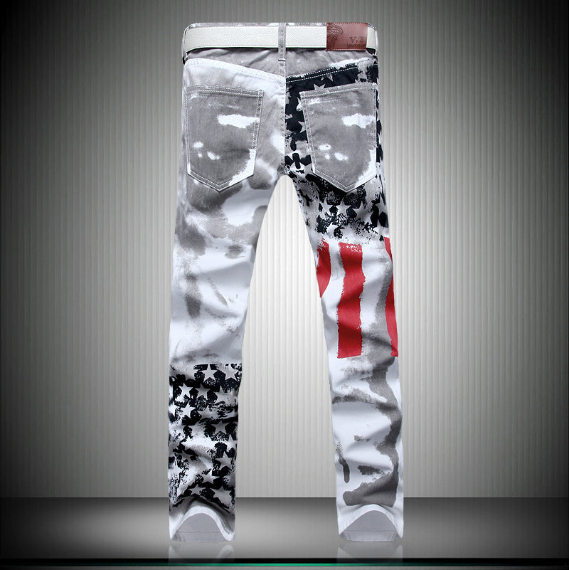 New White Grey with American Flag Print Men Jeans