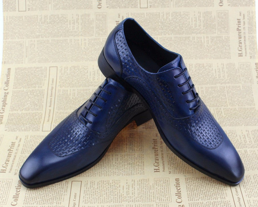Men Blue Oxford Shoes on Woven Leather Patched Style - FanFreakz