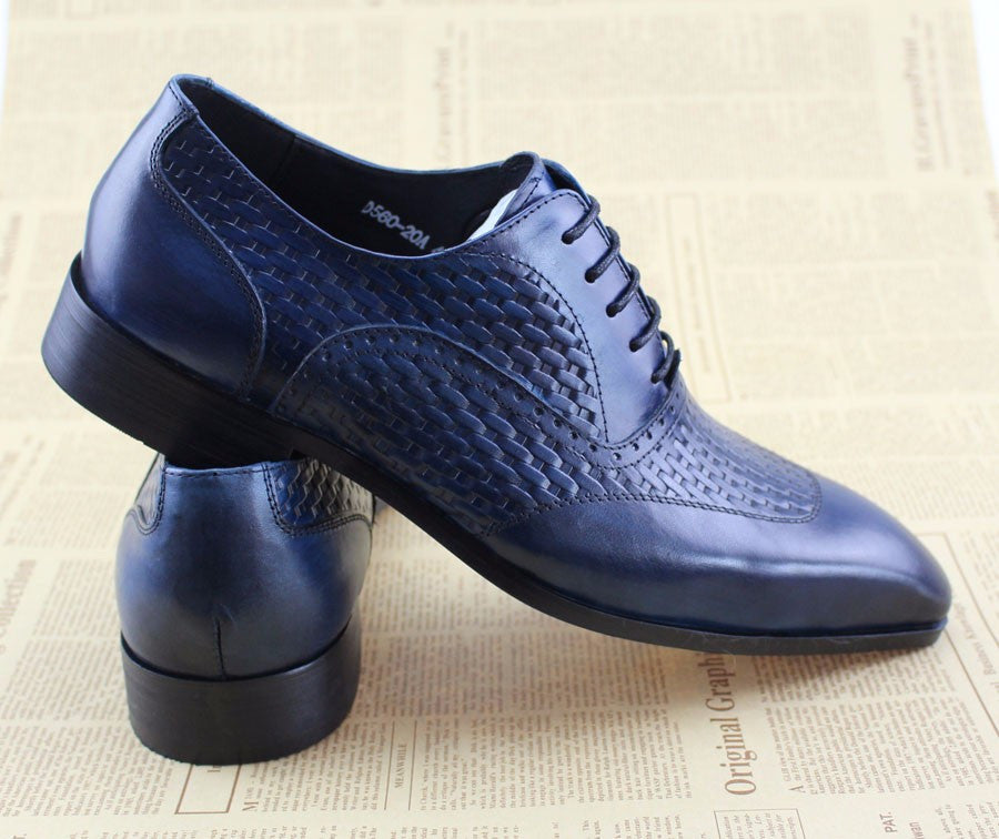 Men Blue Oxford Shoes on Woven Leather Patched Style - FanFreakz