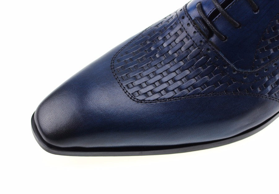 Men Blue Oxford Shoes on Woven Leather Patched Style - FanFreakz