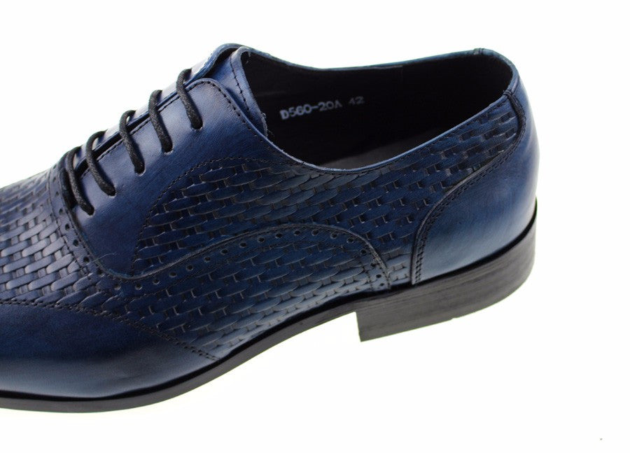 Men Blue Oxford Shoes on Woven Leather Patched Style - FanFreakz