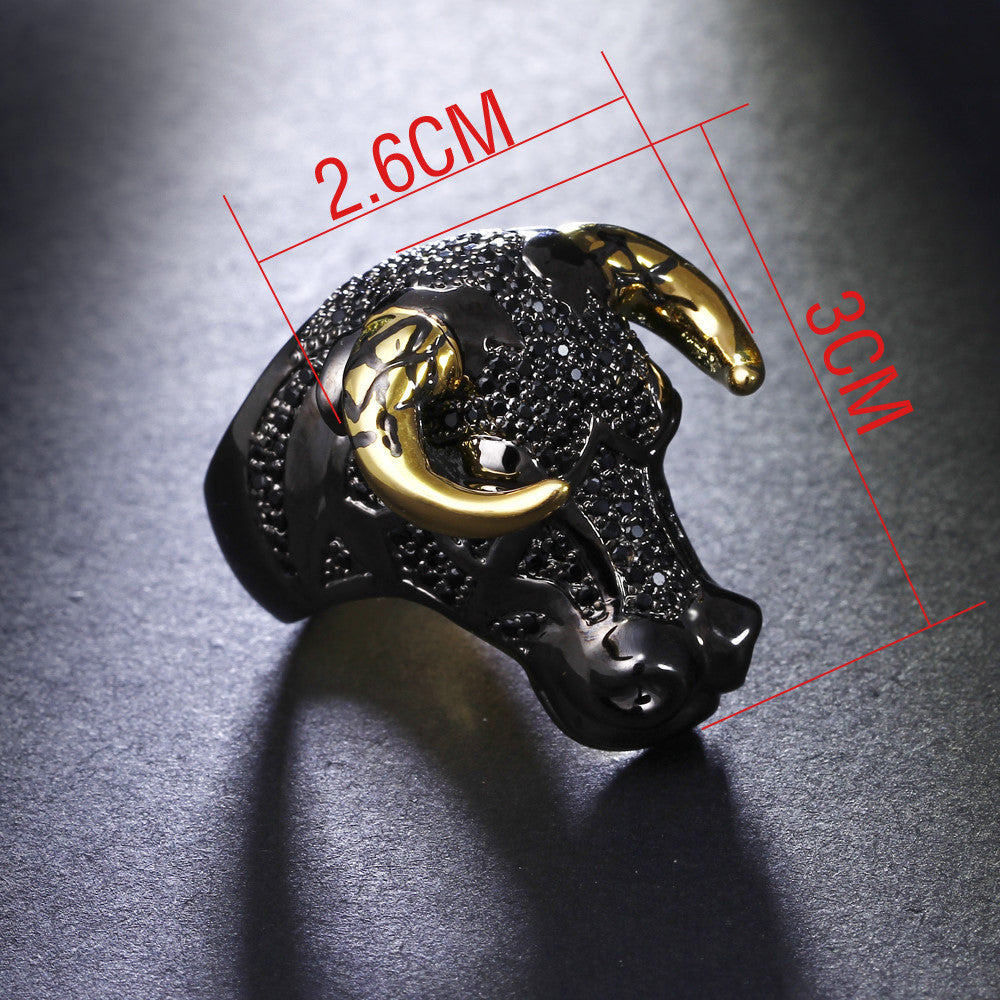 Lucky Bull Black Face Golden-Color Horns Punk Design Ring for Men - FanFreakz