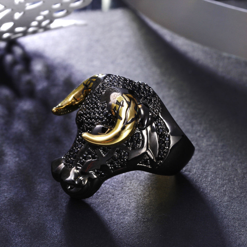 Lucky Bull Black Face Golden-Color Horns Punk Design Ring for Men - FanFreakz