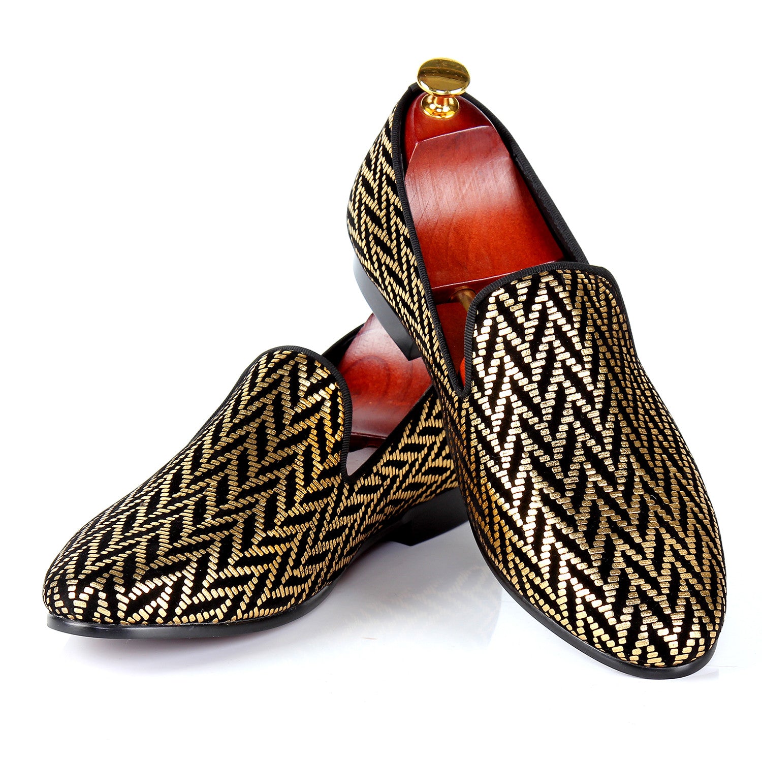 Gold Glitter Printed Men Flat Loafers Shoes - FanFreakz