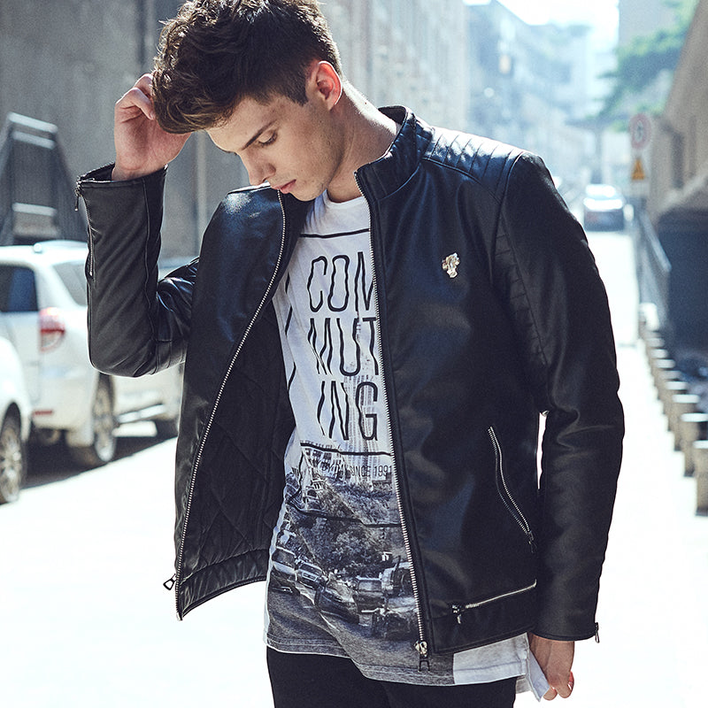 Punk Biker Style Men PU Leather Jacket with Shoulder Stitched Work Detail - FanFreakz