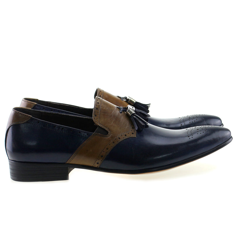 Dual Tone Patchwork Brogue Loafers Shoes With Tassels - FanFreakz