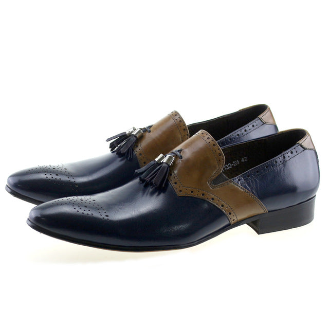 Dual Tone Patchwork Brogue Loafers Shoes With Tassels - FanFreakz
