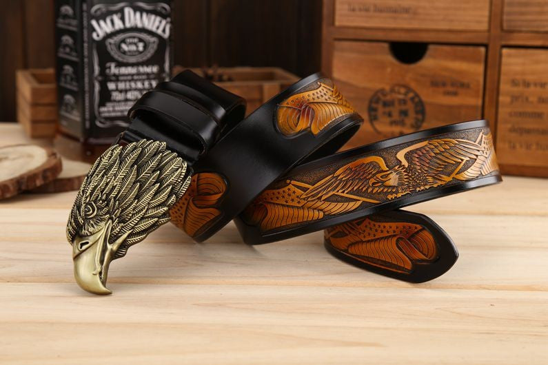 Men Leather Belt With Head of Eagle Buckle - FanFreakz