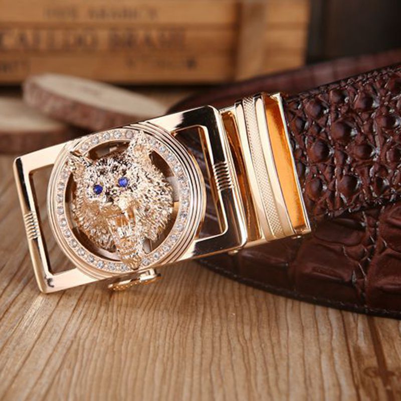 Gold color Wolf Head Buckle Croco Men Belt - FanFreakz
