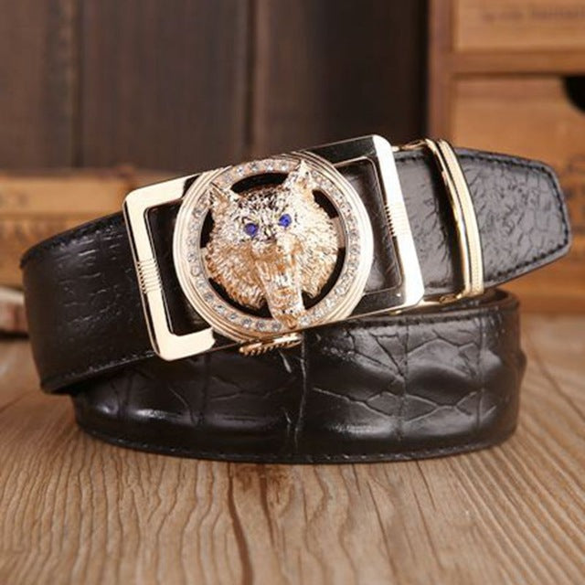 Gold color Wolf Head Buckle Croco Men Belt - FanFreakz