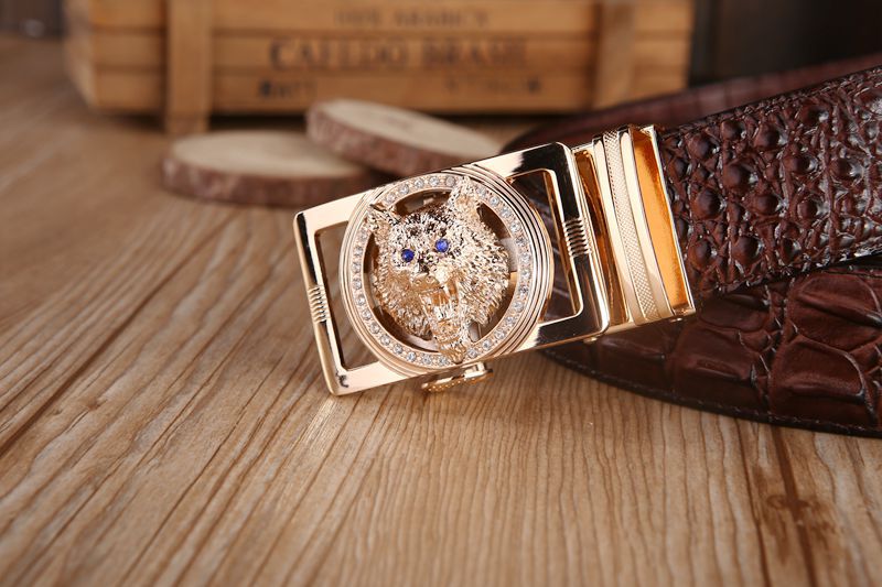 Gold color Wolf Head Buckle Croco Men Belt - FanFreakz