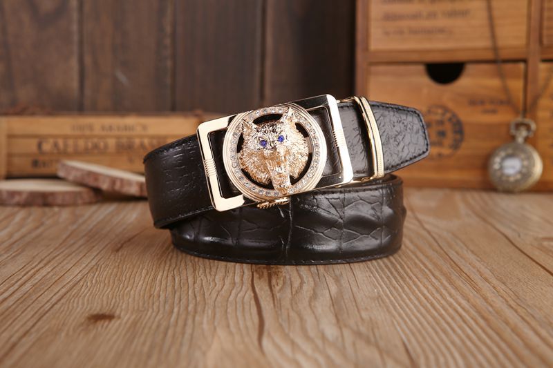 Gold color Wolf Head Buckle Croco Men Belt - FanFreakz