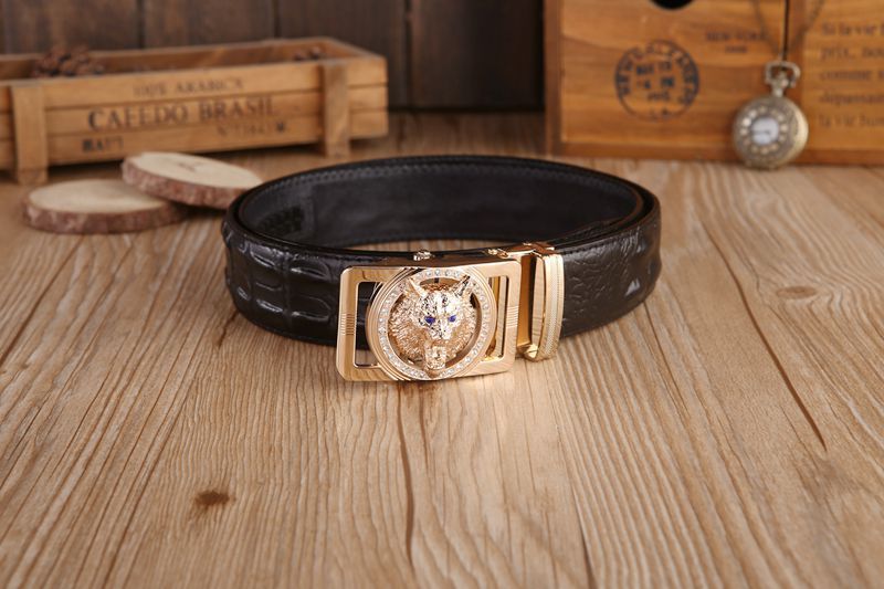 Gold color Wolf Head Buckle Croco Men Belt - FanFreakz