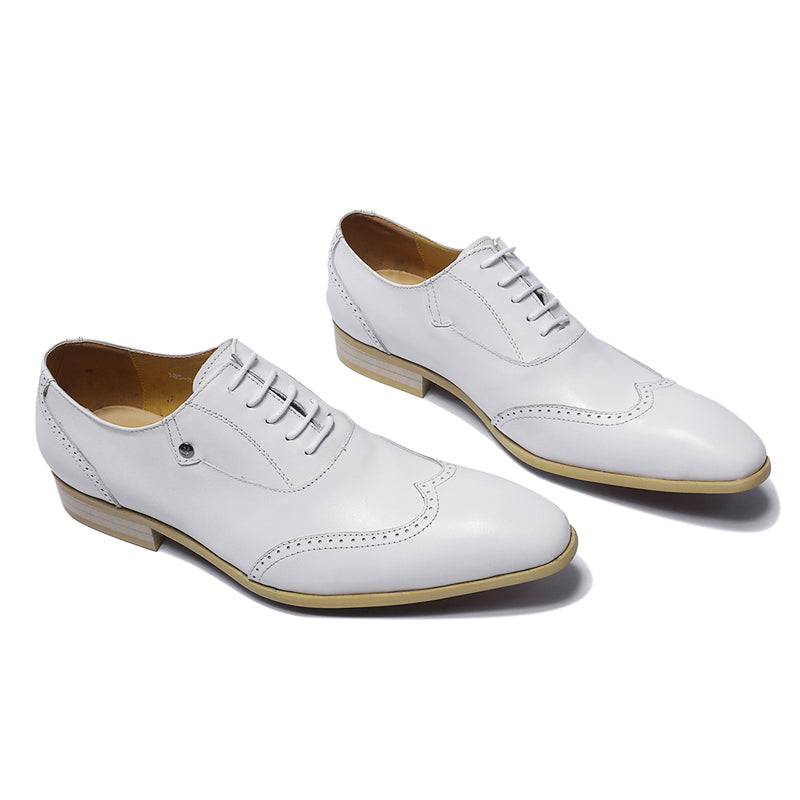 Perforated Wingtip Detail White Lace Up Men Shoes - FanFreakz
