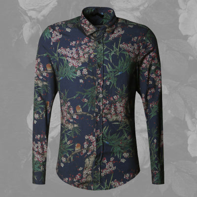 Bold Color with Floral Pattern Detail Men Long Sleeves Slim Fit Shirt - FanFreakz