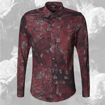 Bold Color with Floral Pattern Detail Men Long Sleeves Slim Fit Shirt - FanFreakz