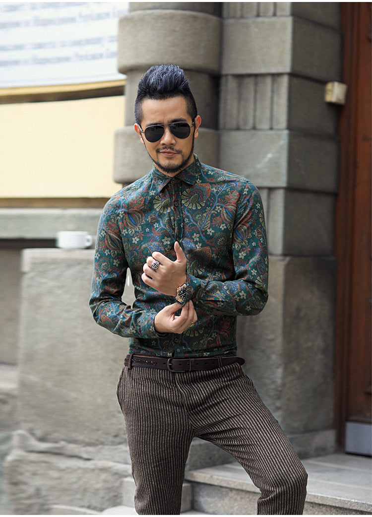 Bold Color with Floral Pattern Detail Men Long Sleeves Slim Fit Shirt - FanFreakz