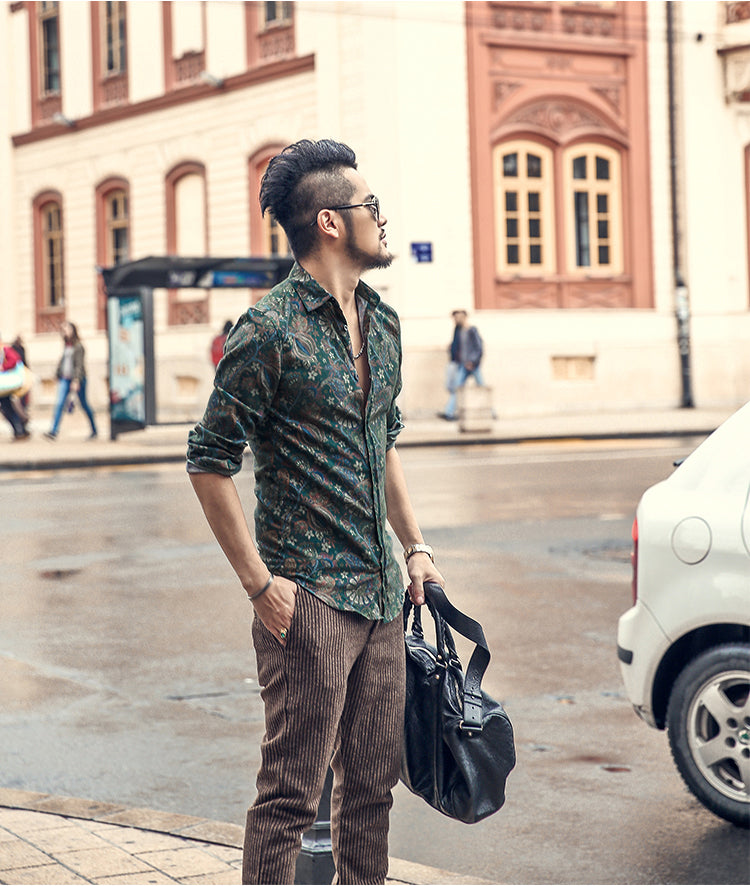 Bold Color with Floral Pattern Detail Men Long Sleeves Slim Fit Shirt - FanFreakz