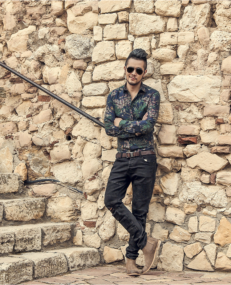 Bold Color with Floral Pattern Detail Men Long Sleeves Slim Fit Shirt - FanFreakz