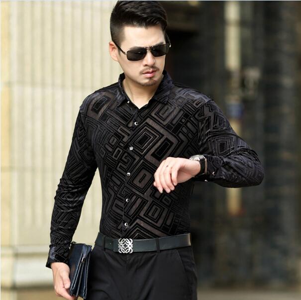 Geometric Pattern Velvet Slim Fit Men Long Sleeves Shirt - FanFreakz