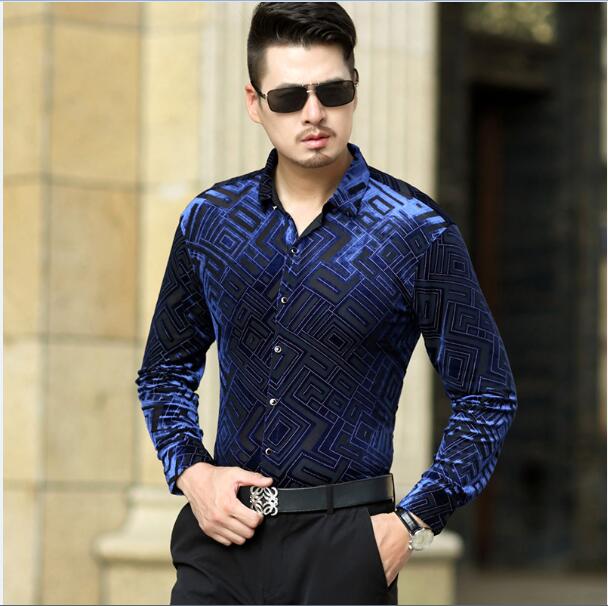 Geometric Pattern Velvet Slim Fit Men Long Sleeves Shirt - FanFreakz