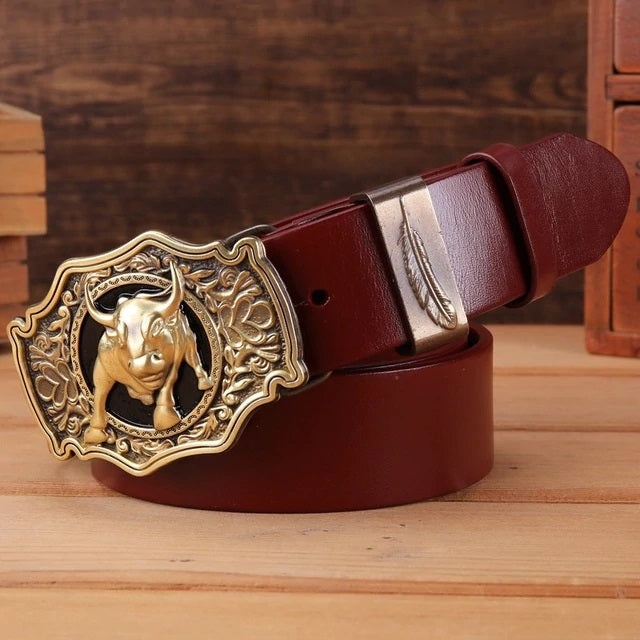 Bulls Head Big Buckle Men Leather Belt