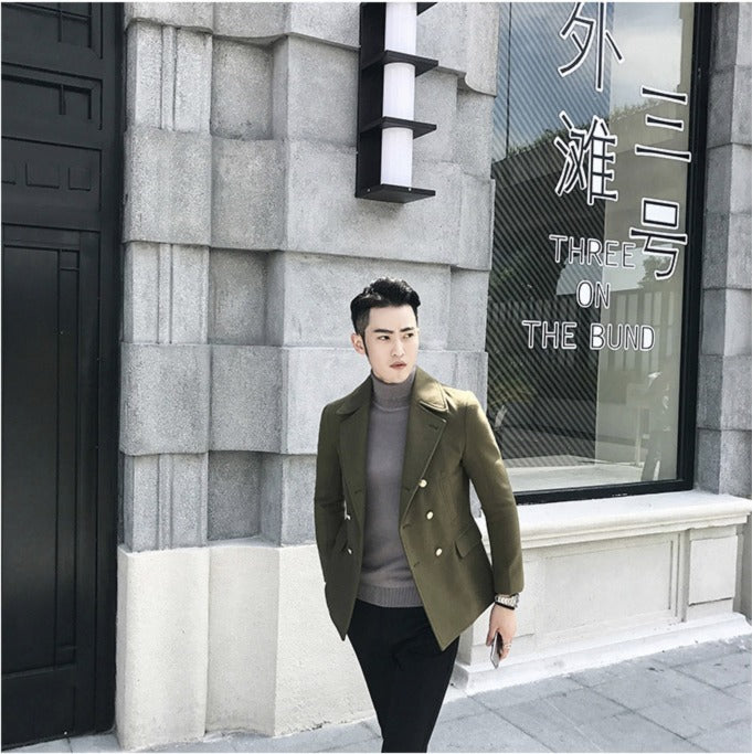 Double Breasted Turn Down Collar Men Wool Blend Slim Coat - FanFreakz