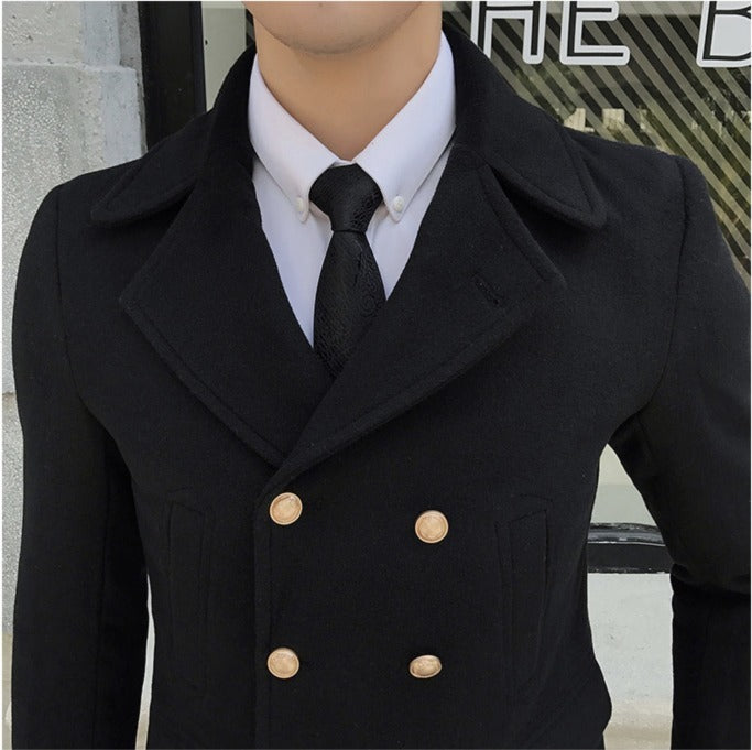 Double Breasted Turn Down Collar Men Wool Blend Slim Coat - FanFreakz
