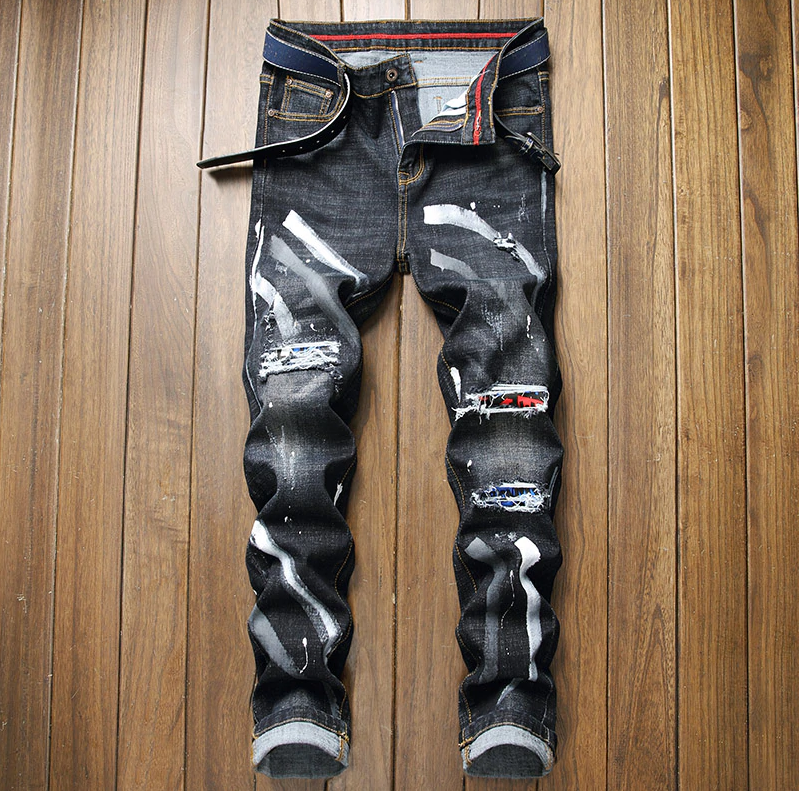 Paint Stain Decorated Ripped Hole Jeans