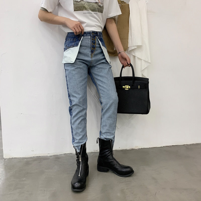 Reverse Style Retro High Waist Casual Men Jeans