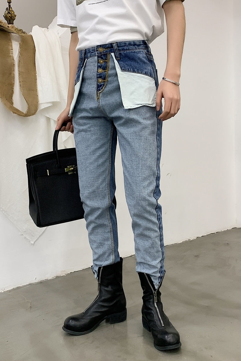 Reverse Style Retro High Waist Casual Men Jeans