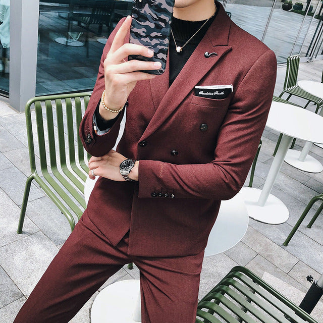 Luxury Italian Style Men Double Breasted Slim Fit Suit Set