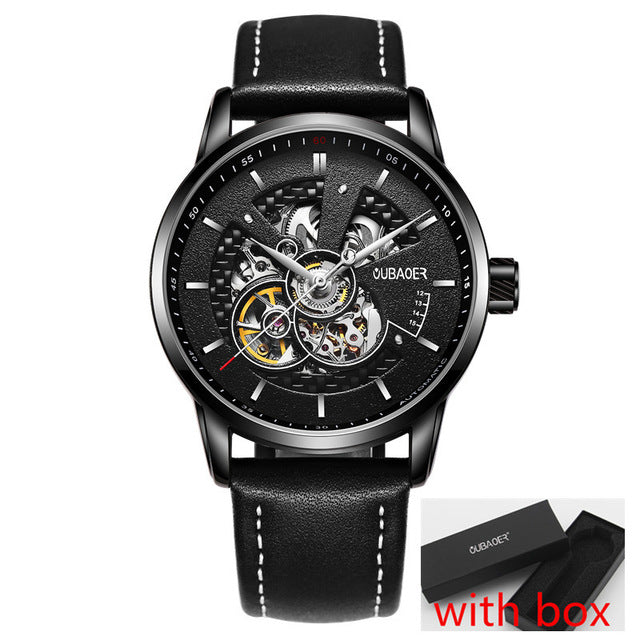 Simple Sport Style Semi Skeleton Men Automatic Watch with Leather Strap
