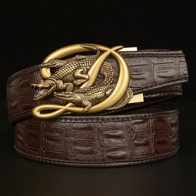 D Letter and Crocodile Buckle Leather Belt