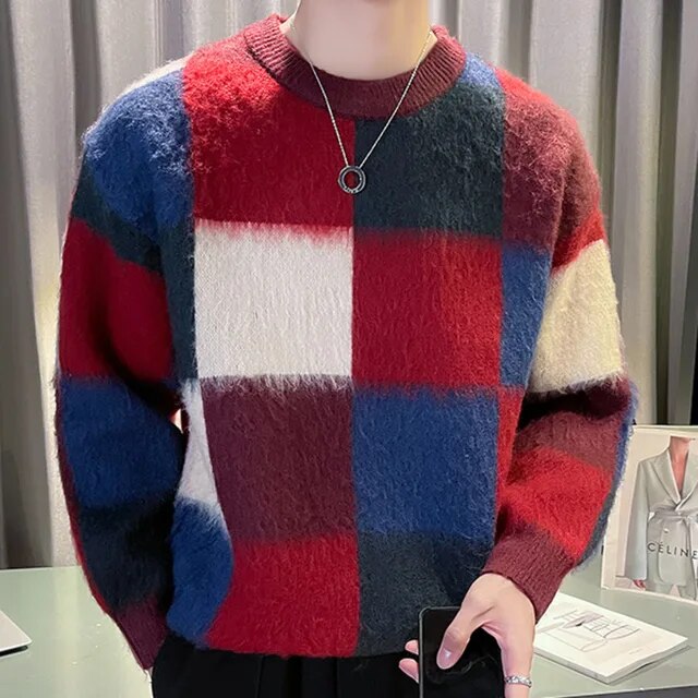 Plaid Contrasting Color Stitching Knitted Sweater