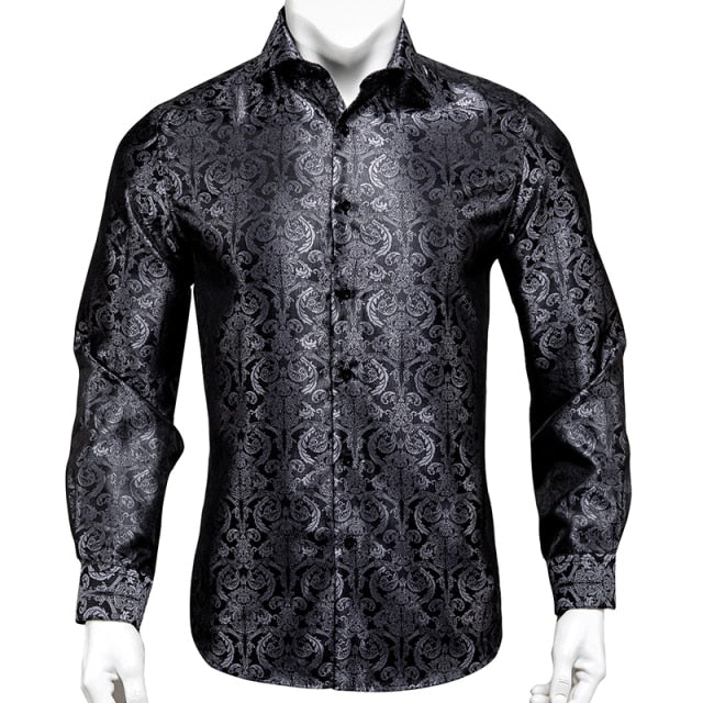 Vertical Paisley Decorated Shiny Silk Shirt
