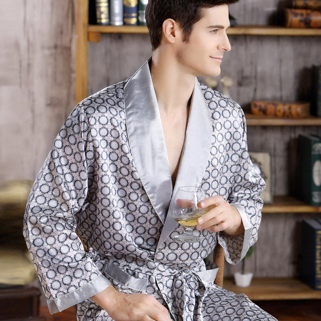 Mix Print Bathrobe Kimono Style Men Pajama