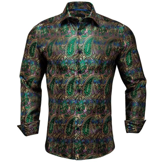 Vertical Paisley Decorated Shiny Silk Shirt