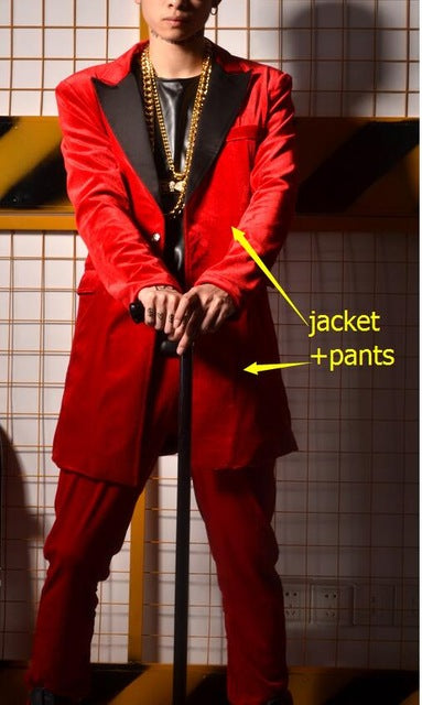 Red Velvet White Lapel Men Long Blazer with Pants Optional For Stage Performance