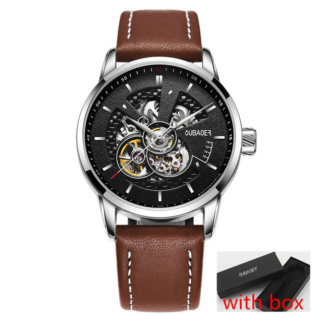 Simple Sport Style Semi Skeleton Men Automatic Watch with Leather Strap